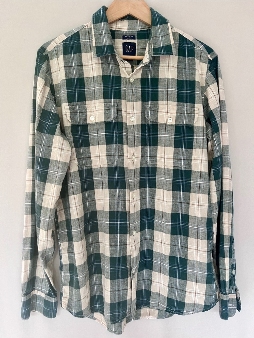 GAP Linen Blend Plaid Button-Up Shirt Sage Green Tan Men's Medium